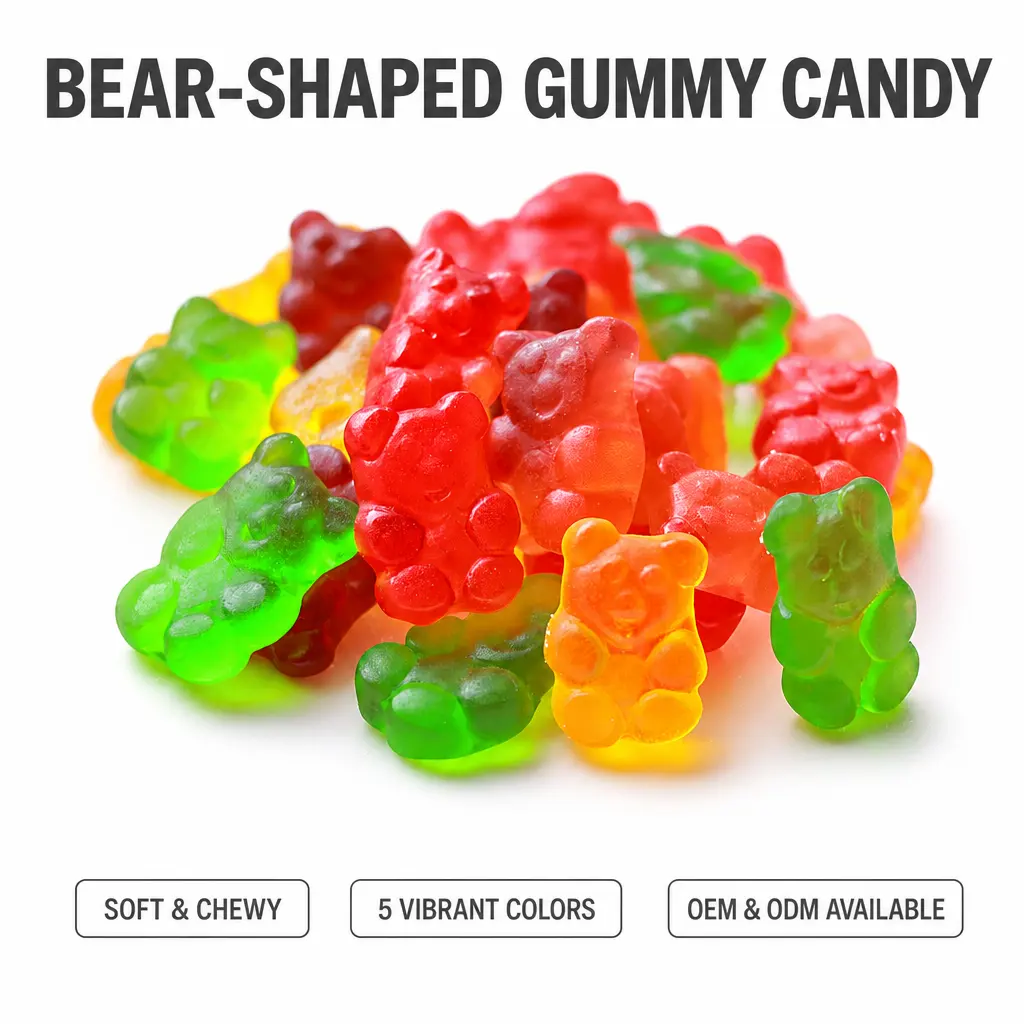 Halal Gummy Bear Candy Bulk Wholesale Cartoon Shape Soft Jelly Sweets OEM Custom Flavor Chewy Low-Sugar Fruit Gummies Bag