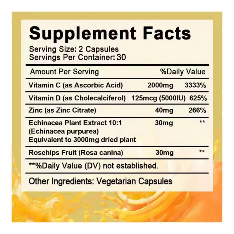 Vitamin C 2000MG Zinc 40 mg Vitamin D3 5000 IU Echinacea Extract Rose Hip Immune Support Immune Booster Fish Oil Soft Capsule
