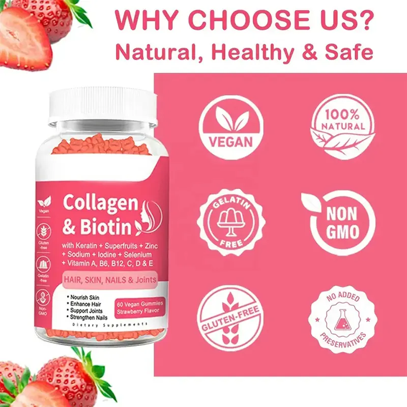 Private Label Multi Collagen Gummies Biotin Gummies Collagen Supplements for Women Supports Hair Growth Skin Nails