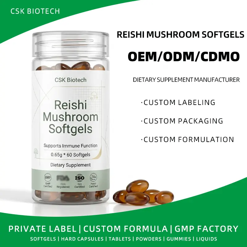 Reishi Mushroom Softgels OEM ODM Manufacturer Private Label GMP Certified Custom Formula Factory Softgel Supplement Production