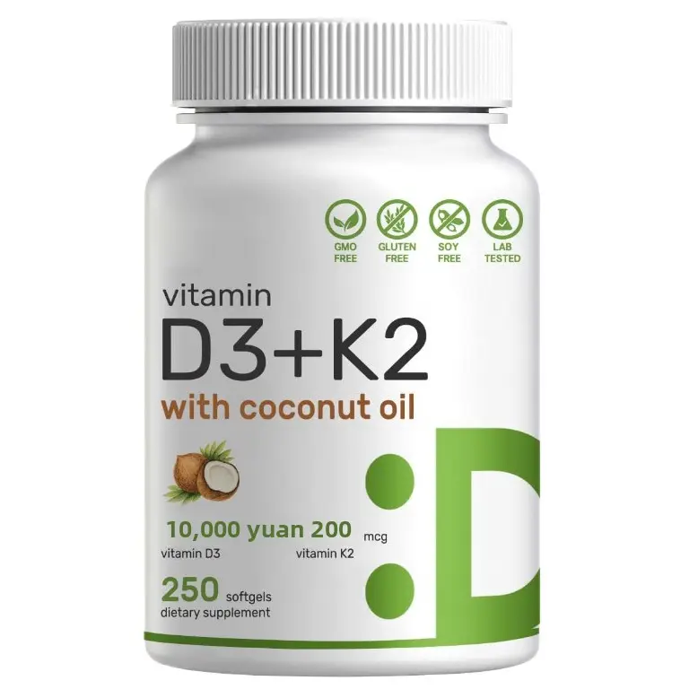 Cross-Border Best-Selling Adult Vitamin D3+K2 Coconut Oil 250 Softgel Capsules Improve Memory Sleep Dietary Supplement for OEM