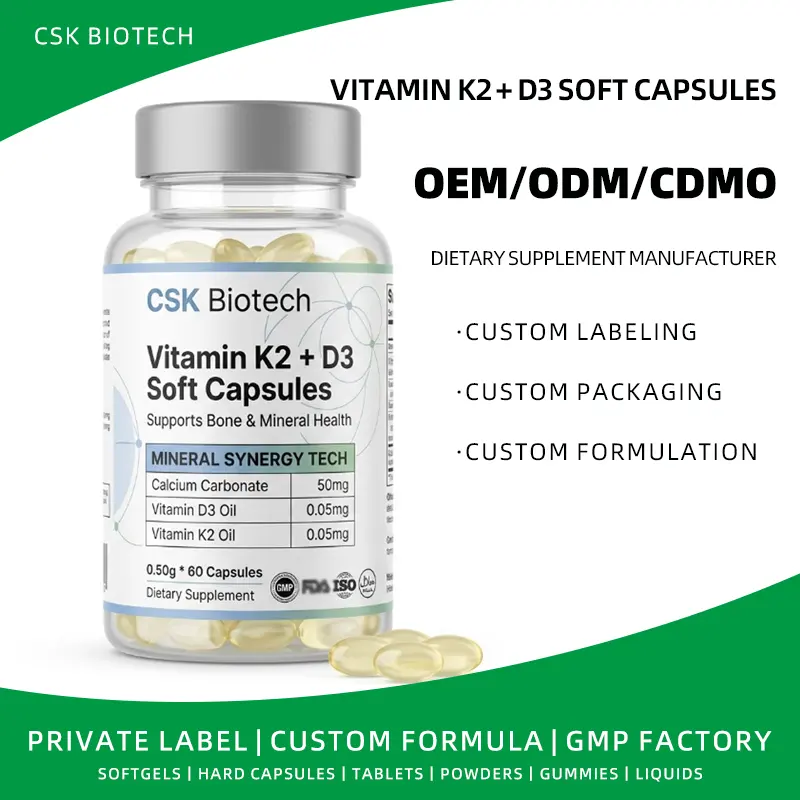 Vitamin D3 + K2 Softgels Private Label Custom Formula Supplement Factory OEM Manufacturing Customized Bone Health Capsule