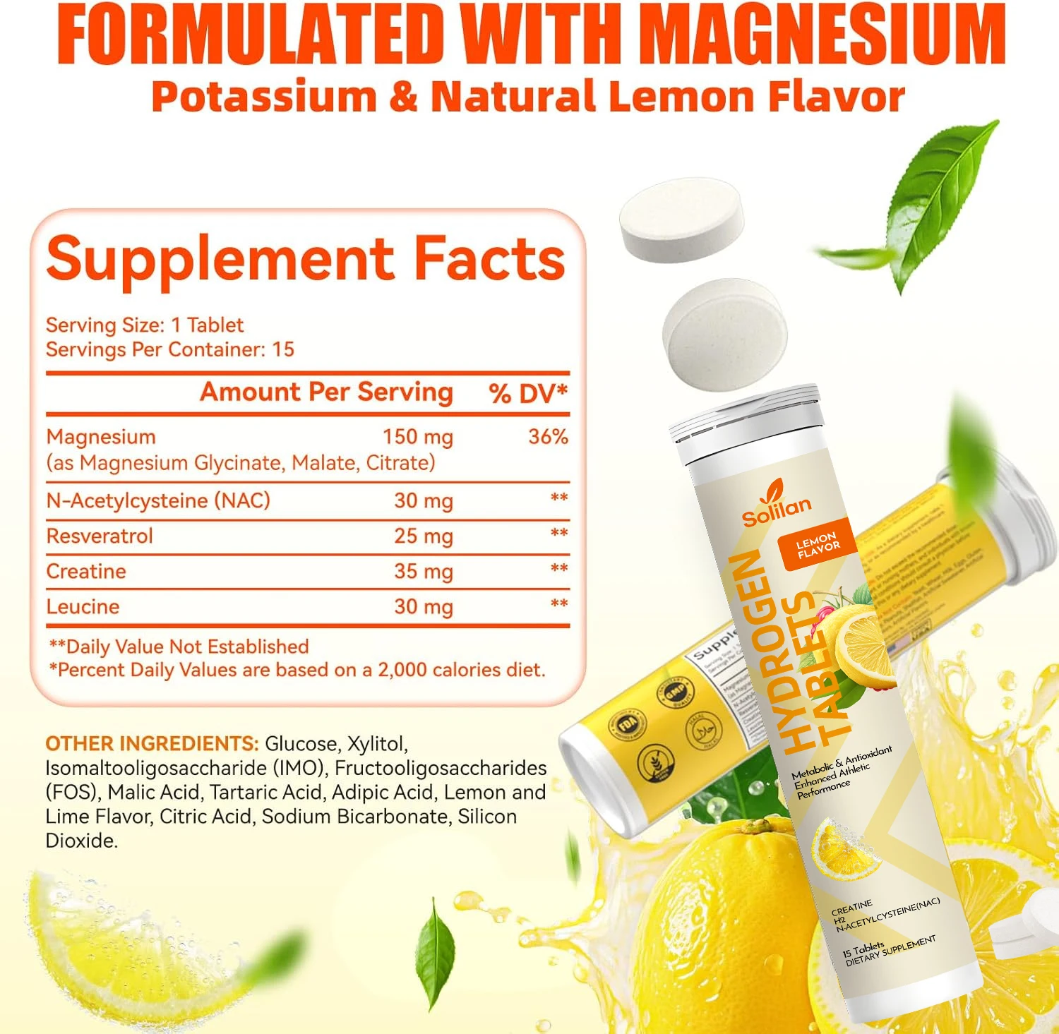 OEM 15 Tablets Private Label Lemon Flavor H2 Molecular Hydrogen Water Effervescent Tablets with Creatine & NAC & Resveratrol