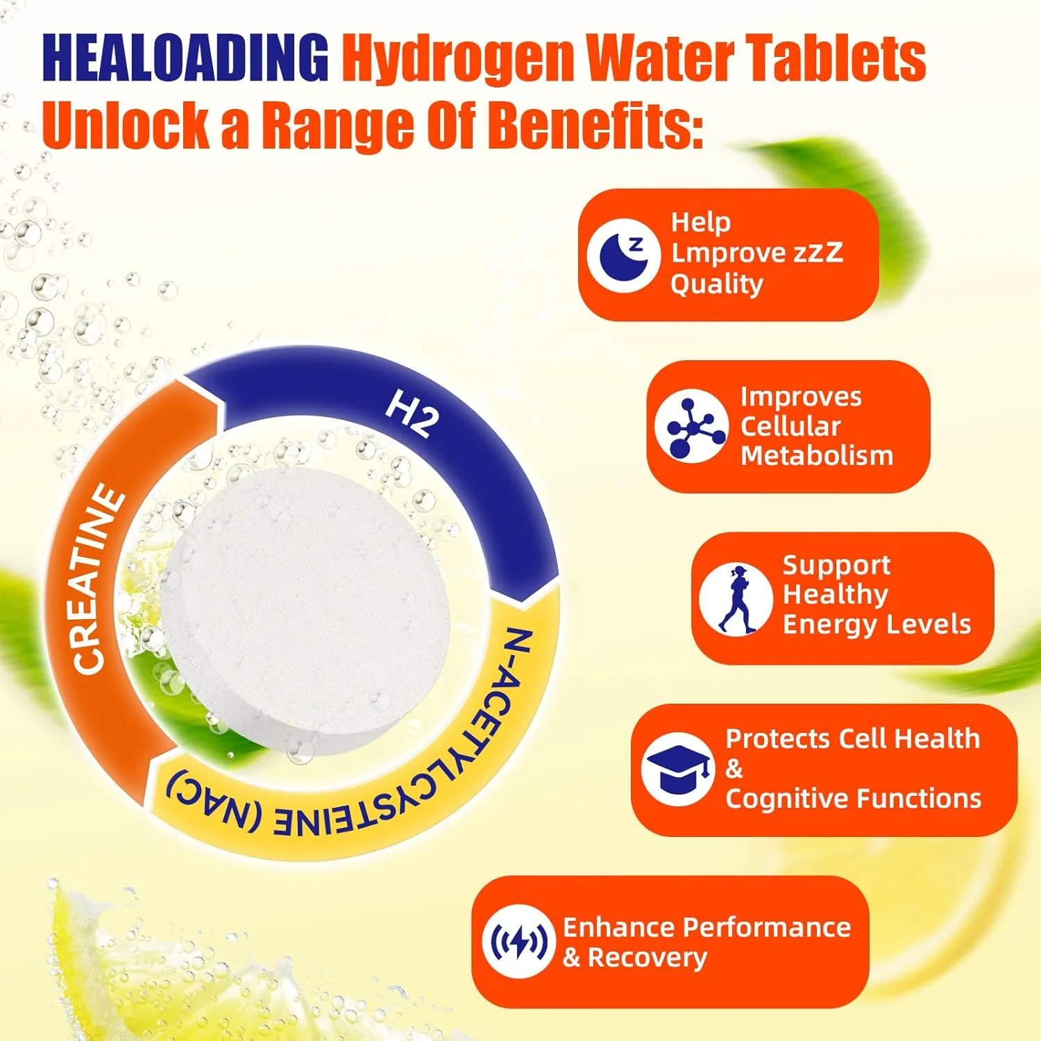 OEM 15 Tablets Private Label Lemon Flavor H2 Molecular Hydrogen Water Effervescent Tablets with Creatine & NAC & Resveratrol