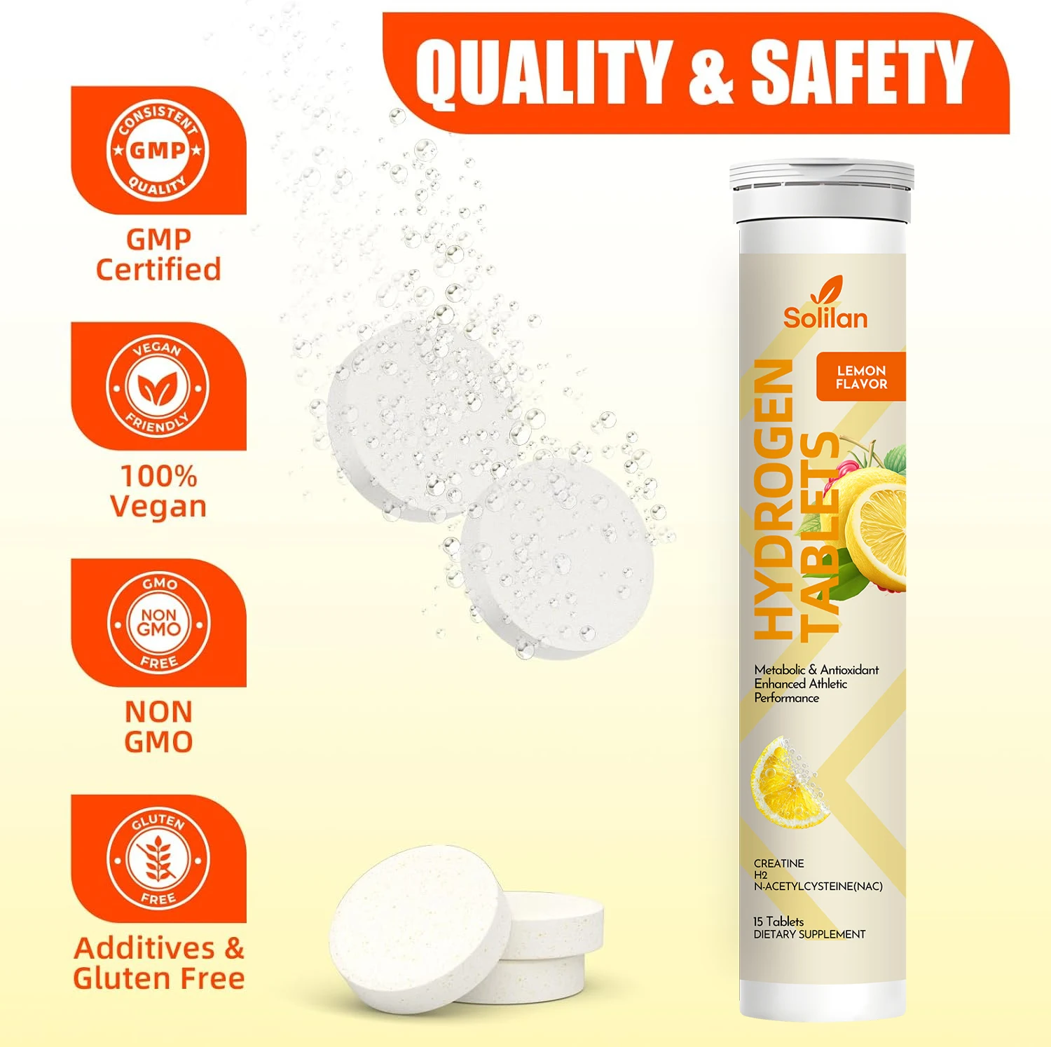 OEM 15 Tablets Private Label Lemon Flavor H2 Molecular Hydrogen Water Effervescent Tablets with Creatine & NAC & Resveratrol