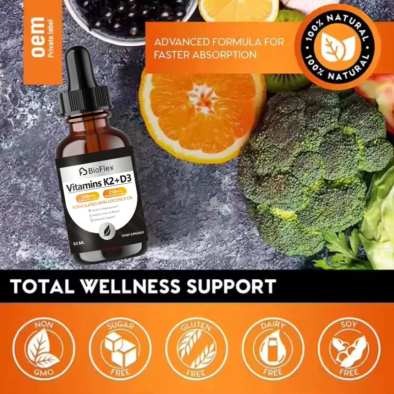 China Manufacturer OEM Private Label 60ML Vitamin D3 K2 Liquid Drops Supplement with Coconut Oil