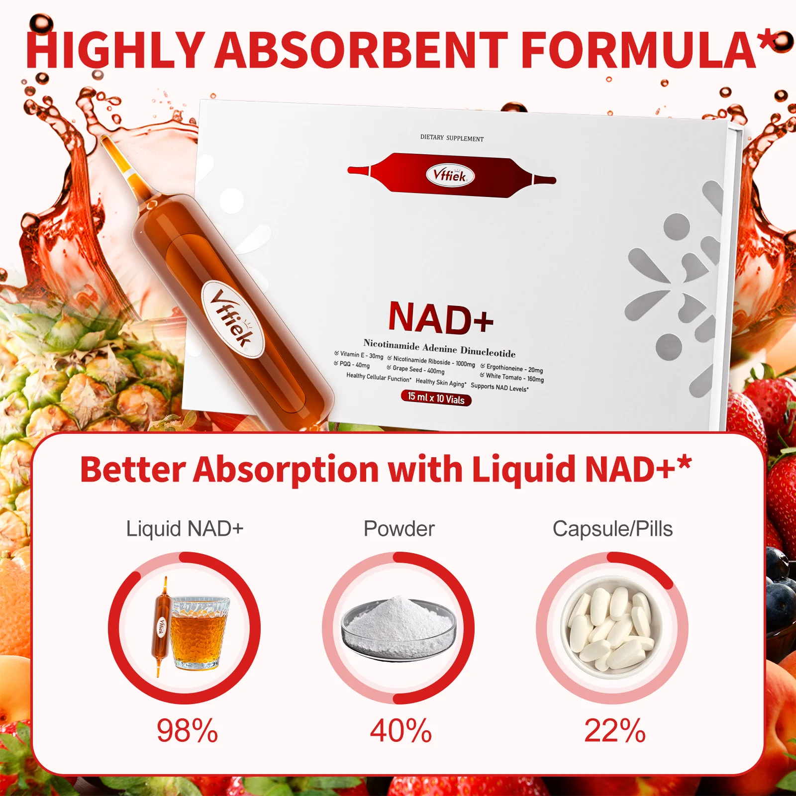 NAD Supplements 1200mg NAD+ Drink 15ml Energy Focus Liquid Nicotinamide Riboside DNA Repair Anti-Aging Supplement for Men Women