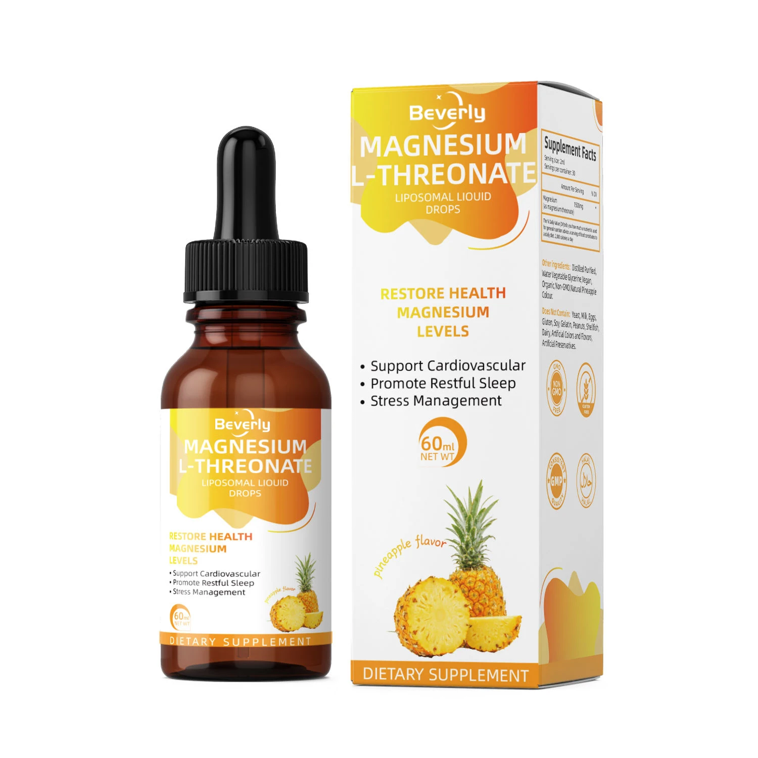 Beverly Magnesium L-Threonate Liposomal Drops | Adult Oral Liquid | 1500mg Pineapple Flavor | Support Brain Sleep & Heart Health