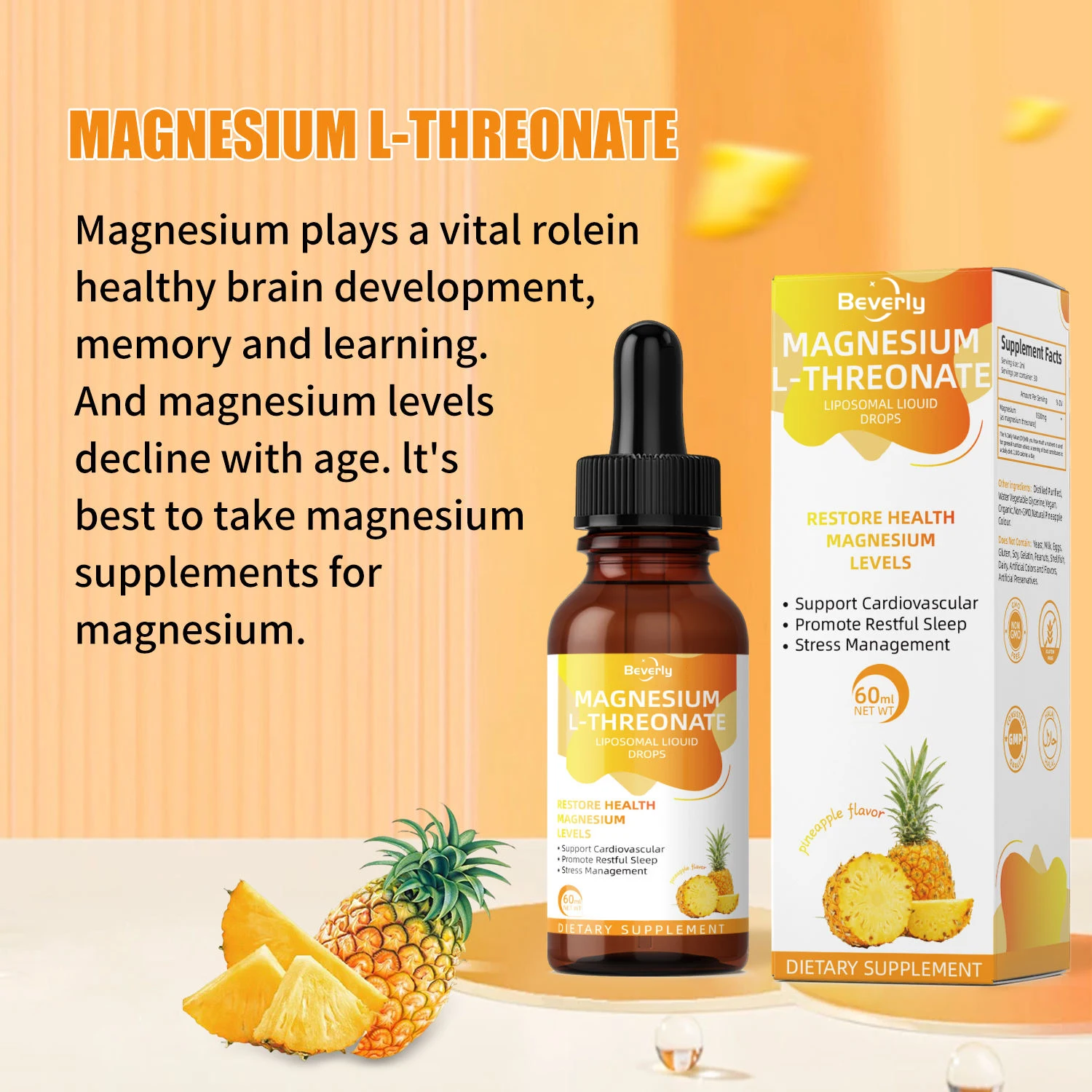 Beverly Magnesium L-Threonate Liposomal Drops | Adult Oral Liquid | 1500mg Pineapple Flavor | Support Brain Sleep & Heart Health
