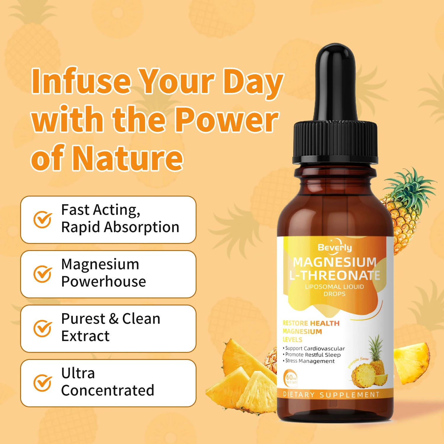 Beverly Magnesium L-Threonate Liposomal Drops | Adult Oral Liquid | 1500mg Pineapple Flavor | Support Brain Sleep & Heart Health