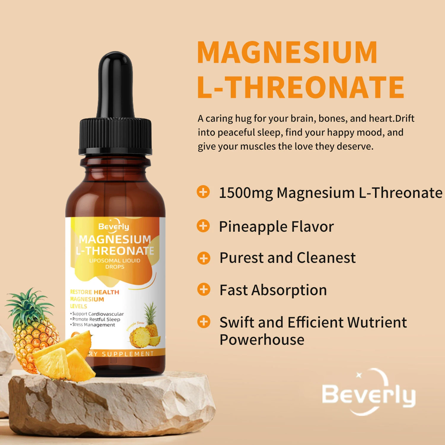 Beverly Magnesium L-Threonate Liposomal Drops | Adult Oral Liquid | 1500mg Pineapple Flavor | Support Brain Sleep & Heart Health