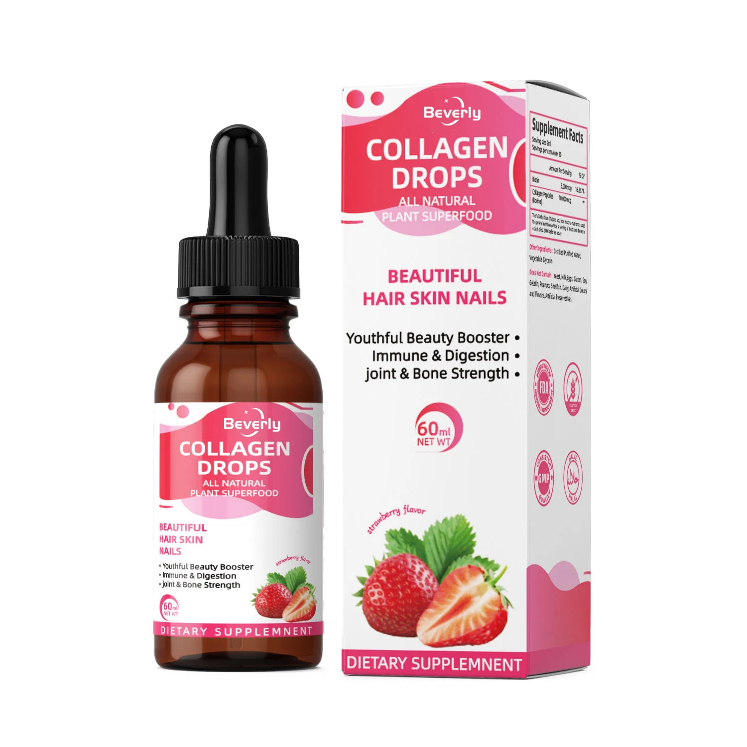 Beverly Collagen Drops | Strawberry Flavor | Adult Oral Liquid Beauty Products | Supports Healthy Hair Skin & Nails | 60ml
