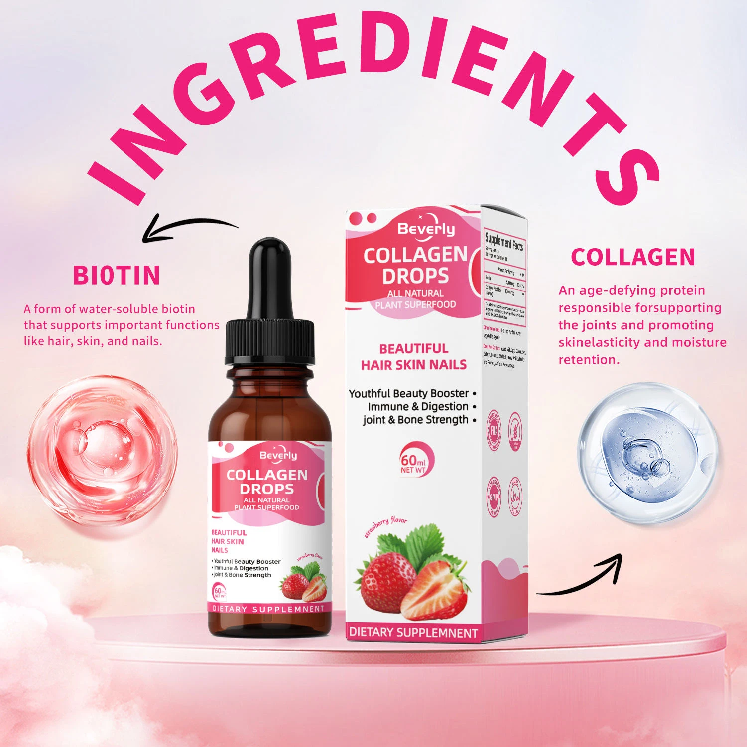 Beverly Collagen Drops | Strawberry Flavor | Adult Oral Liquid Beauty Products | Supports Healthy Hair Skin & Nails | 60ml