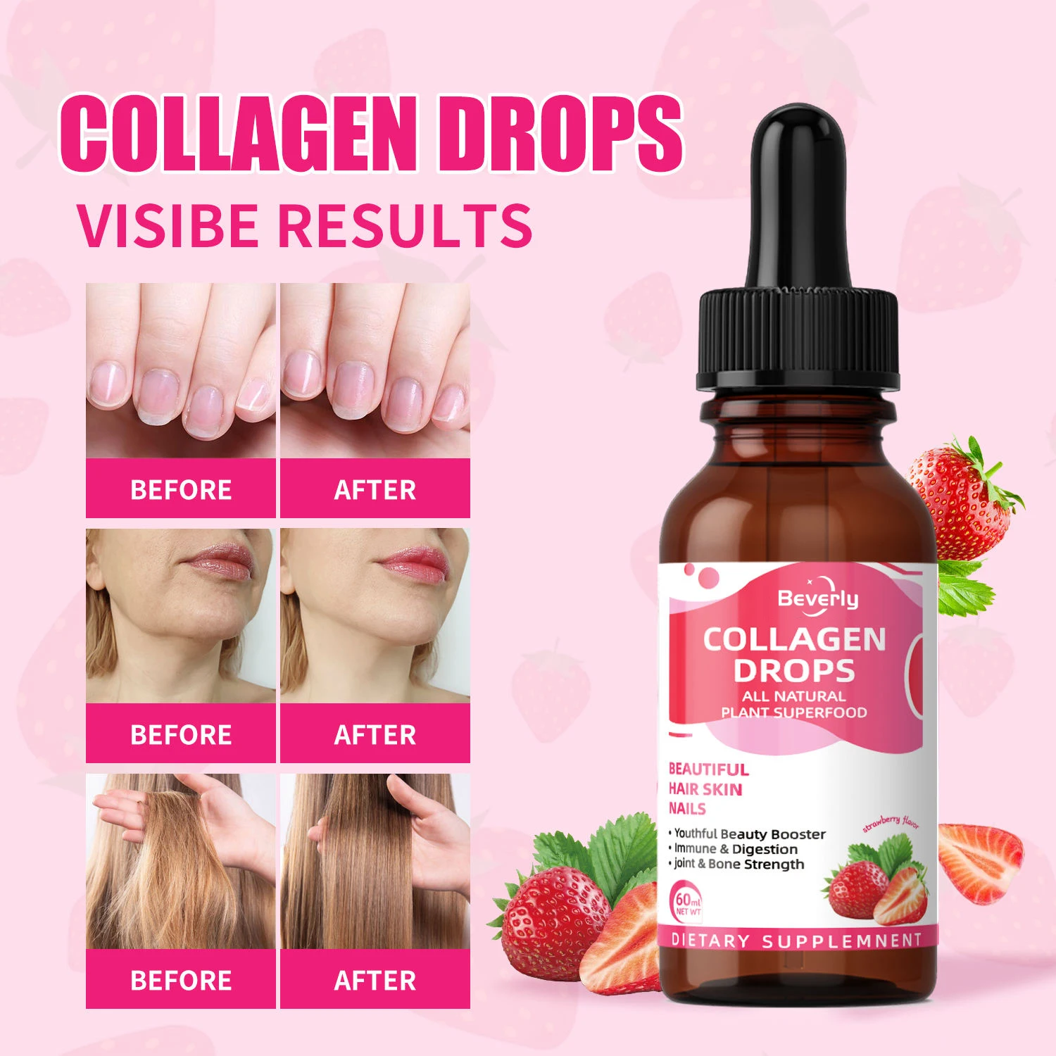 Beverly Collagen Drops | Strawberry Flavor | Adult Oral Liquid Beauty Products | Supports Healthy Hair Skin & Nails | 60ml