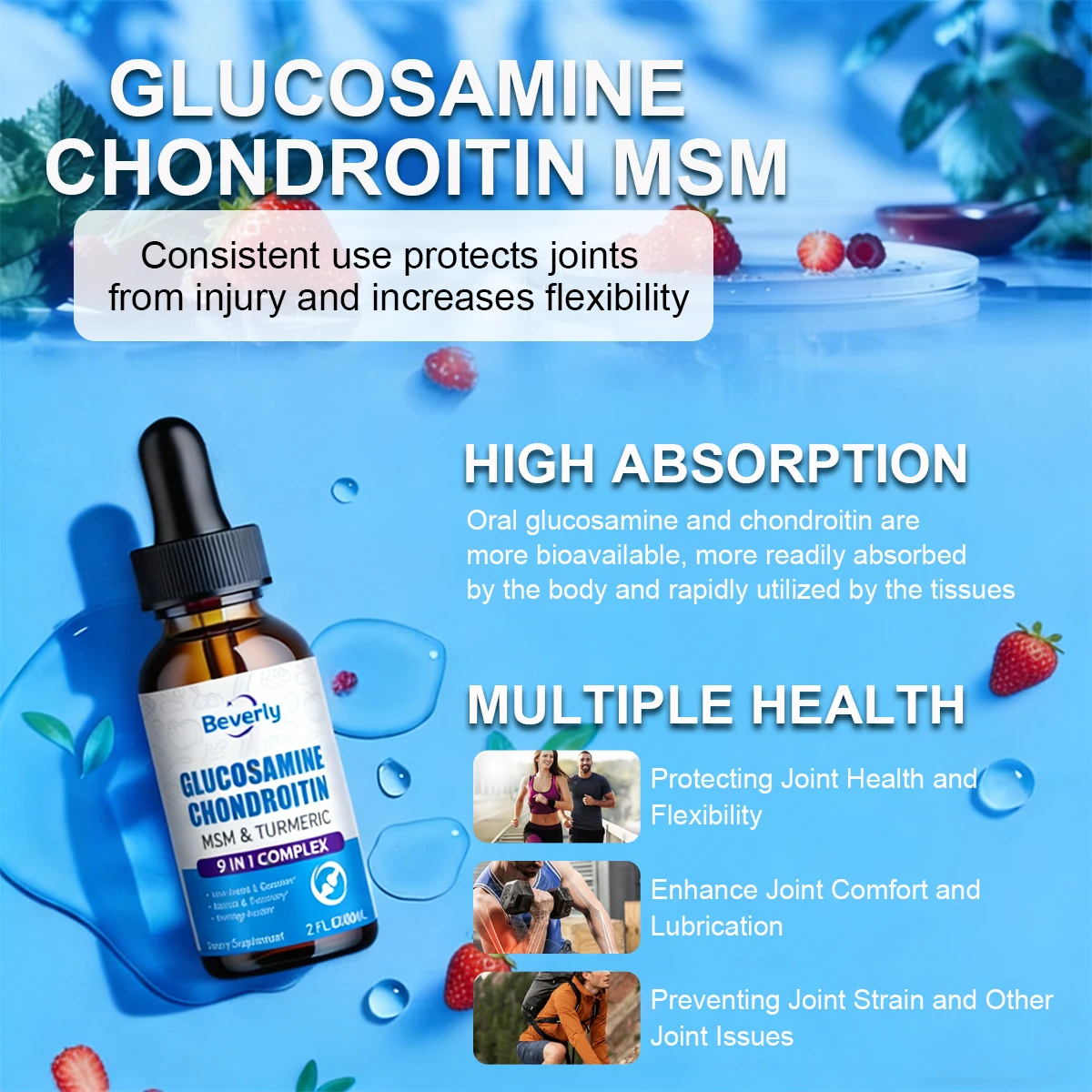 Advanced 9-in-1 Glucosamine Chondroitin MSM Oral Liquid Turmeric Hyaluronic Acid | Joint Immune Support 60ml Bottle for Adults