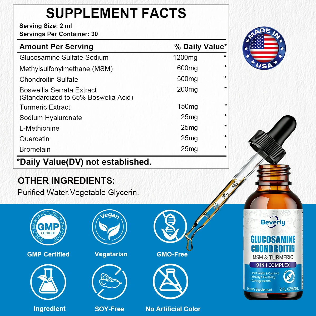 Advanced 9-in-1 Glucosamine Chondroitin MSM Oral Liquid Turmeric Hyaluronic Acid | Joint Immune Support 60ml Bottle for Adults