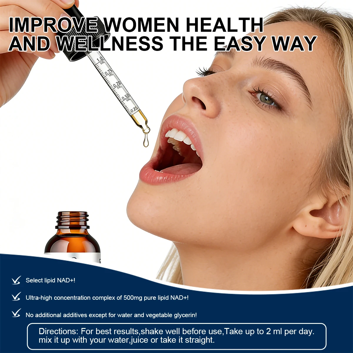 Women's Adult Liposomal NAD+ Oral Liquid Drops | 500mg NAD+ with Resveratrol & TMG | Boost Energy & Anti-Aging 60mL