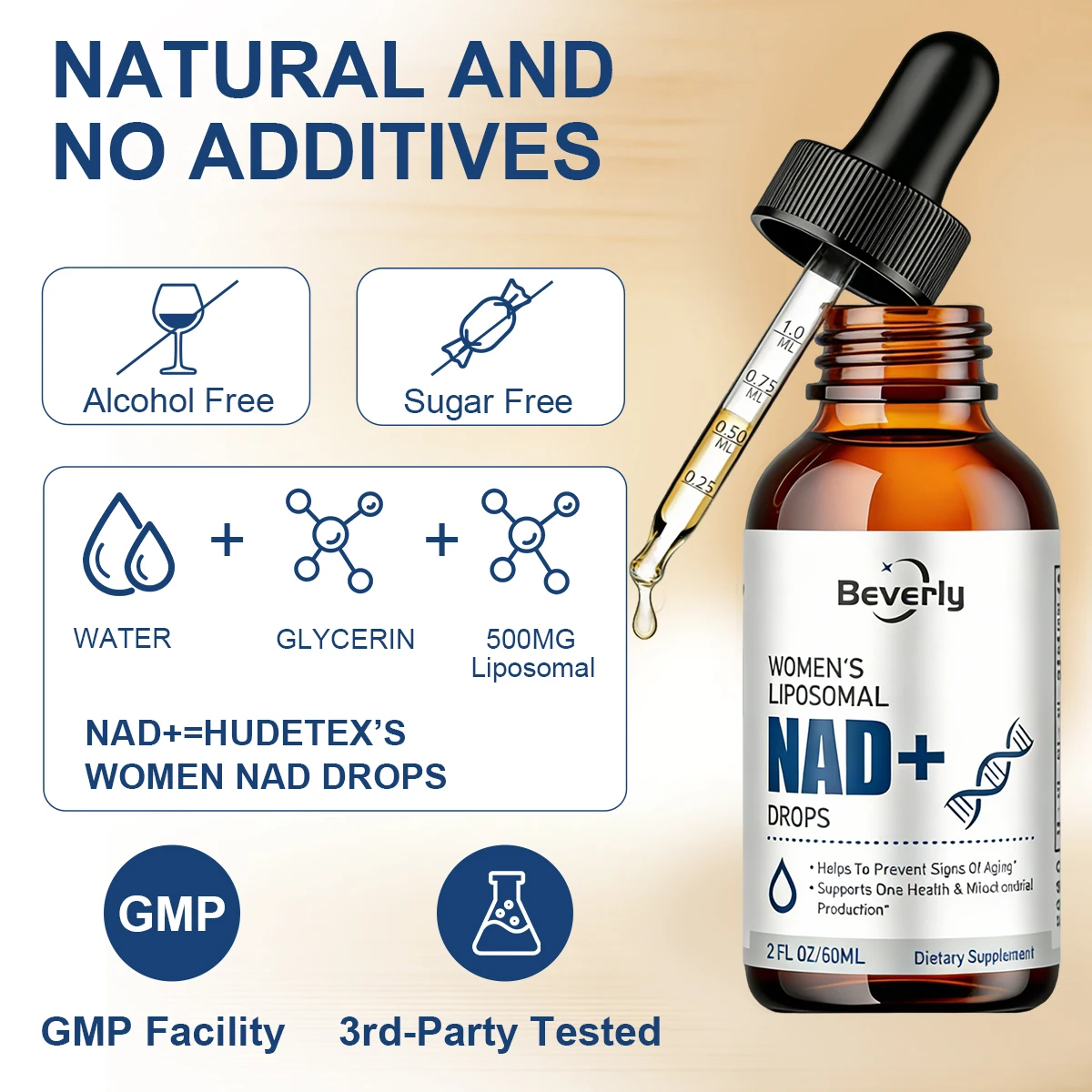 Women's Adult Liposomal NAD+ Oral Liquid Drops | 500mg NAD+ with Resveratrol & TMG | Boost Energy & Anti-Aging 60mL