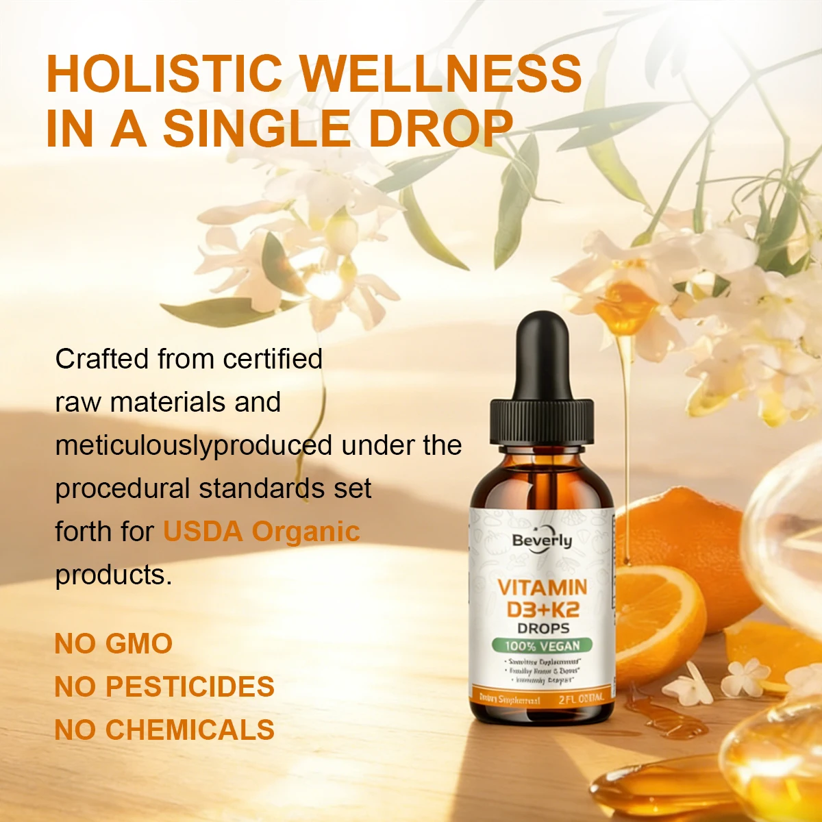 Beverly Vitamin D3+K2 Drops | 10,000IU D3 & 200mcg K2 MK-7 | 100% Vegan Adult Bone & Heart Health Support 60mL Oral Liquid