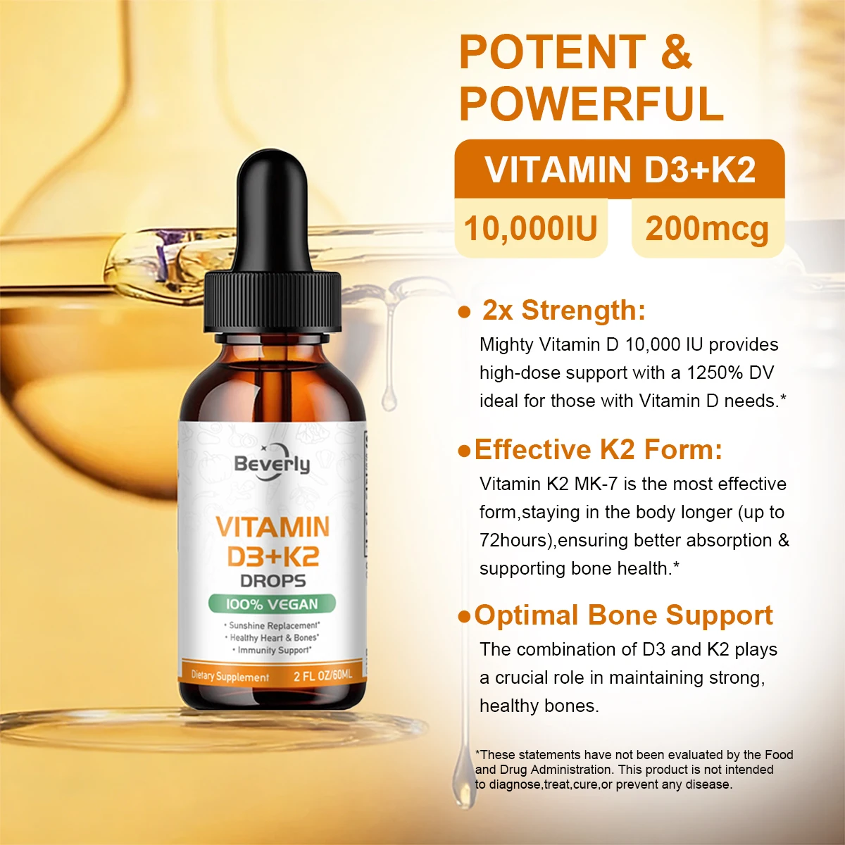 Beverly Vitamin D3+K2 Drops | 10,000IU D3 & 200mcg K2 MK-7 | 100% Vegan Adult Bone & Heart Health Support 60mL Oral Liquid