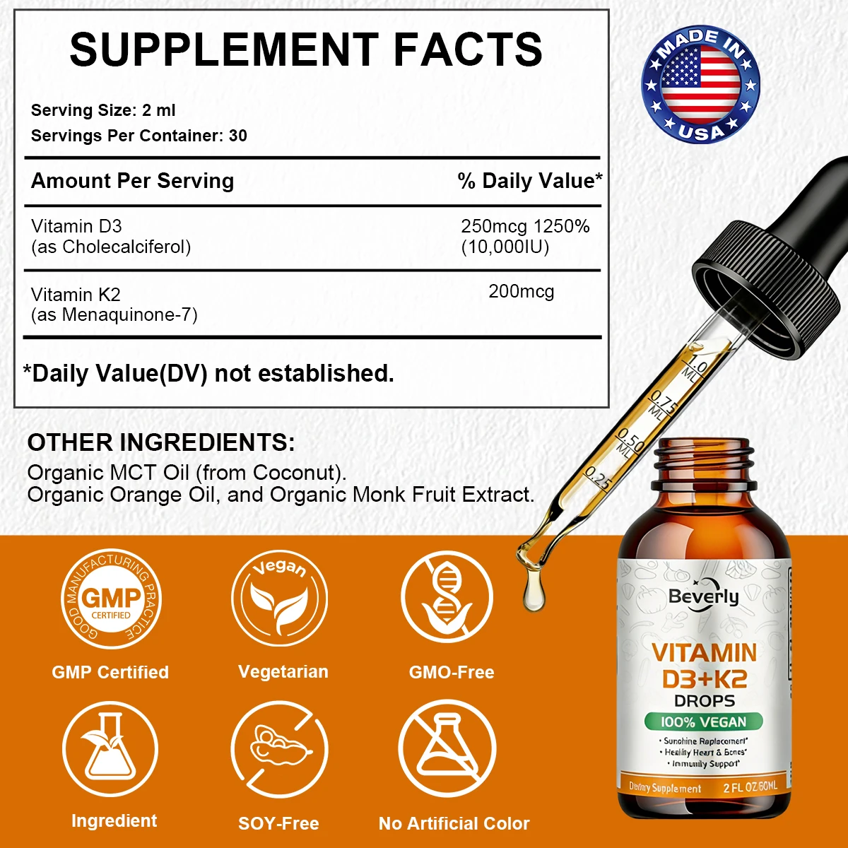 Vitamin D3+K2 Oral Liquid Drops | 10,000IU D3 & K2 MK-7 | 100% Vegan Sunshine Vitamin for Bone Heart & Immune Support 60mL