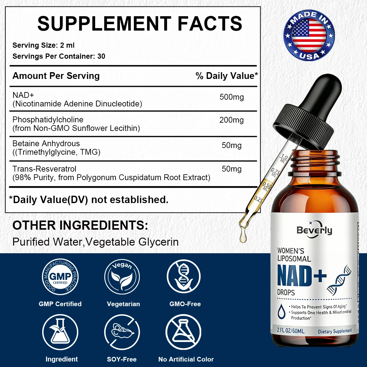 Liposomal NAD+ Drops for Women | 500mg NAD+ with Resveratrol & TMG | Supports DNA Health & Anti-Aging, 60mL Dietary Supplement