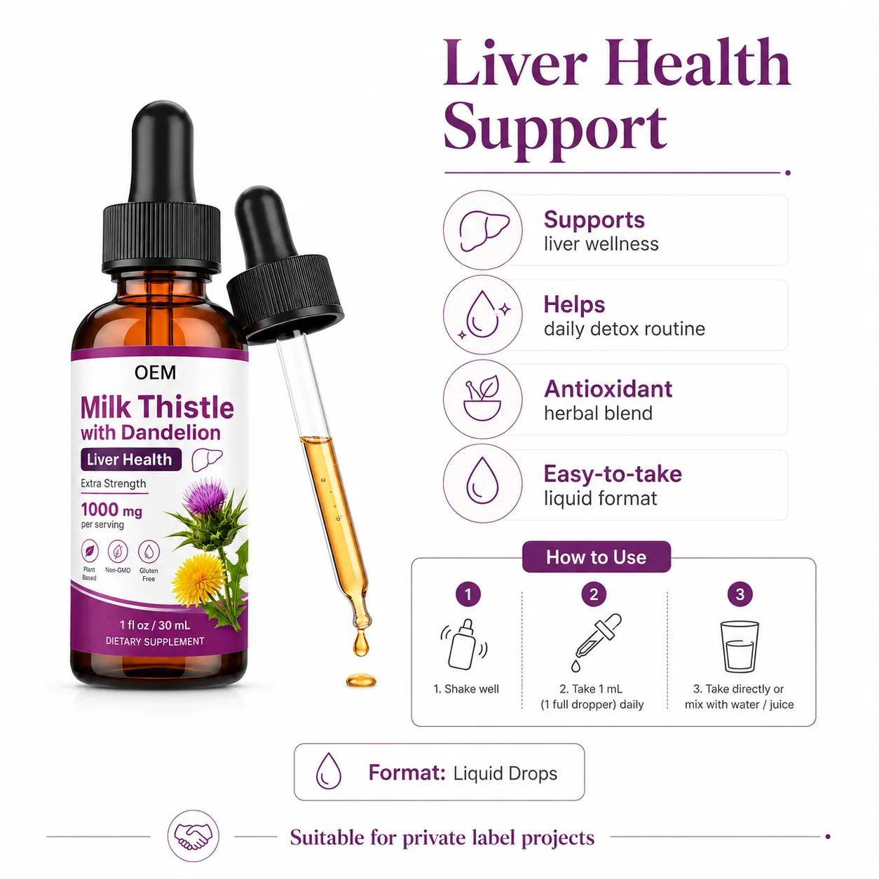 Biohacking Liver Support Drops OEM Milk Thistle Dandelion Root Liquid White Label High Absorption Professional Bulk Supply