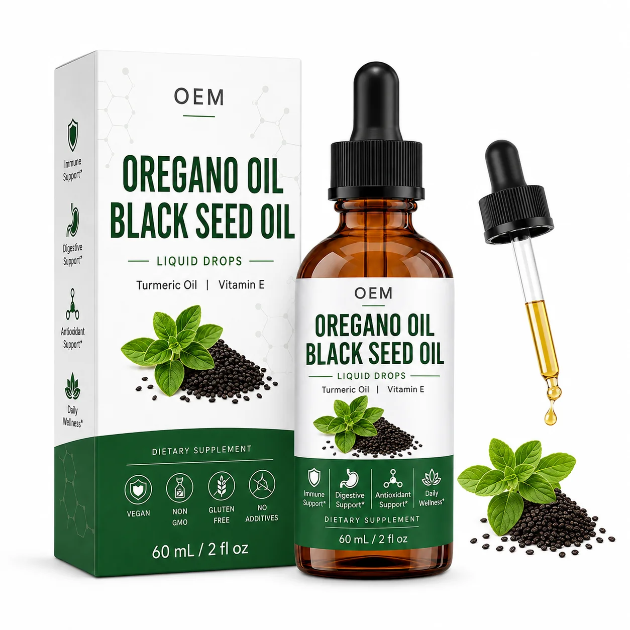 Botanical Oil Wellness Drops with Oregano Black Seed Turmeric Oil Vitamin E and Vegan Formula for Supplement Product Bundles