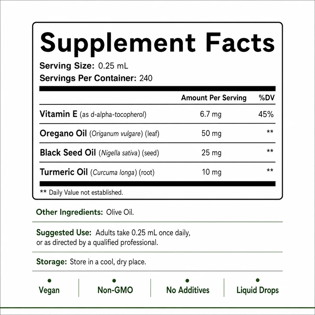 Botanical Oil Wellness Drops with Oregano Black Seed Turmeric Oil Vitamin E and Vegan Formula for Supplement Product Bundles