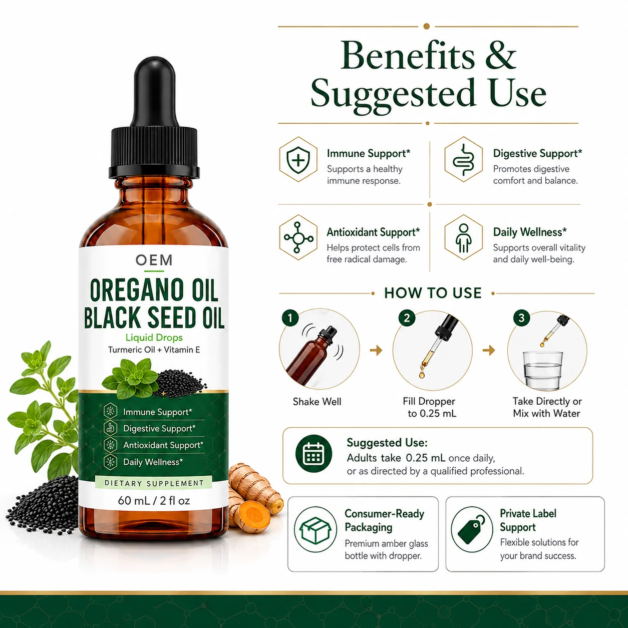 Botanical Oil Wellness Drops with Oregano Black Seed Turmeric Oil Vitamin E and Vegan Formula for Supplement Product Bundles