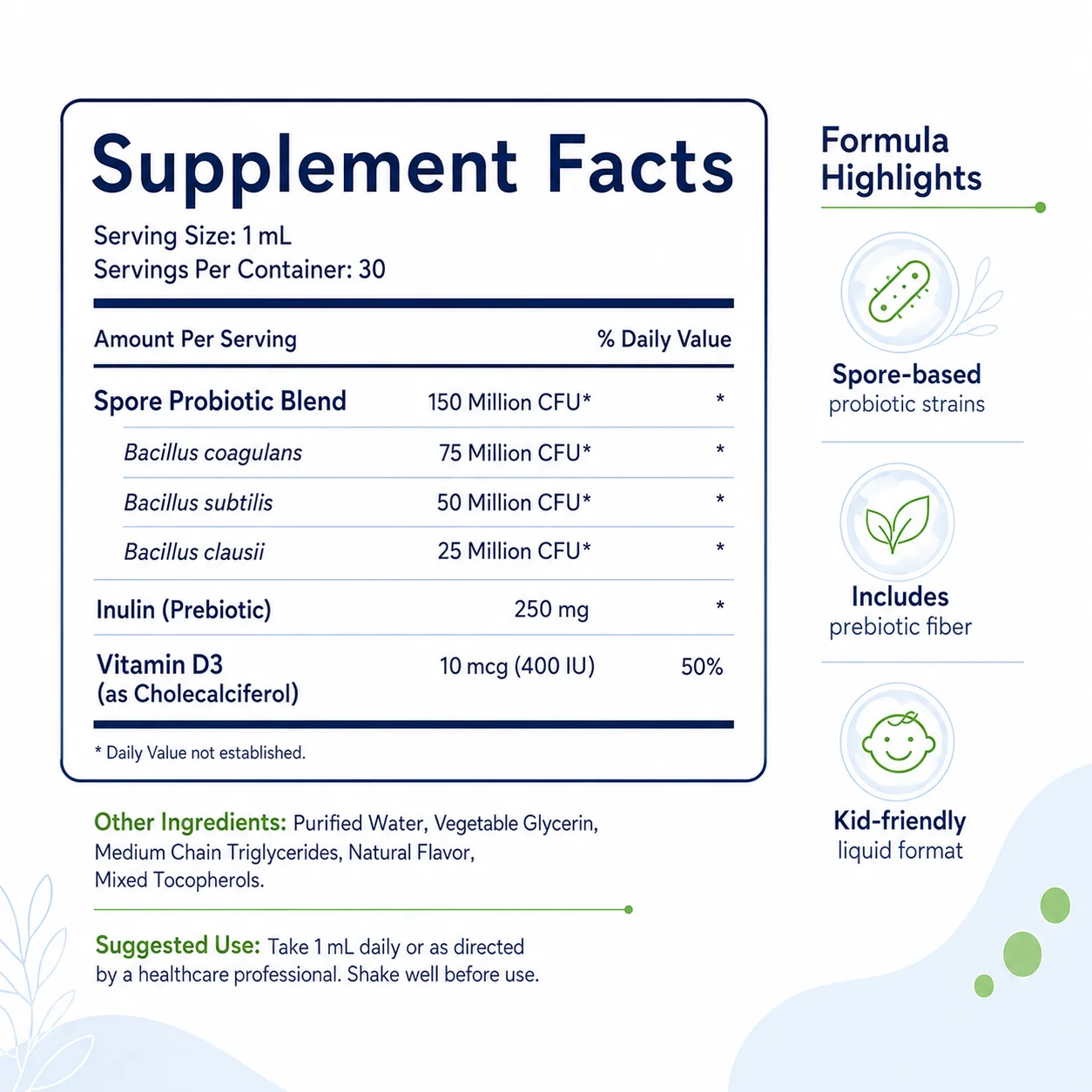 Kids Microbiome Nutrition Liquid Drops with Spore Probiotic Blend Inulin Prebiotic Vitamin D3 and Unflavored Format for Bundles