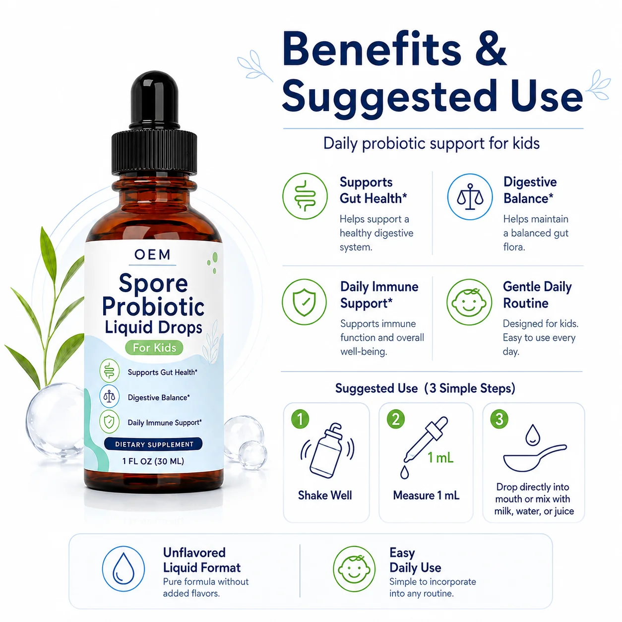 Kids Microbiome Nutrition Liquid Drops with Spore Probiotic Blend Inulin Prebiotic Vitamin D3 and Unflavored Format for Bundles