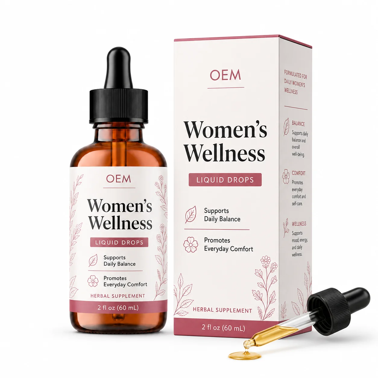 Womens Botanical Liquid Drops with Dong Quai Black Cohosh Red Clover and Maca for Custom Supplement Collection Product Lines