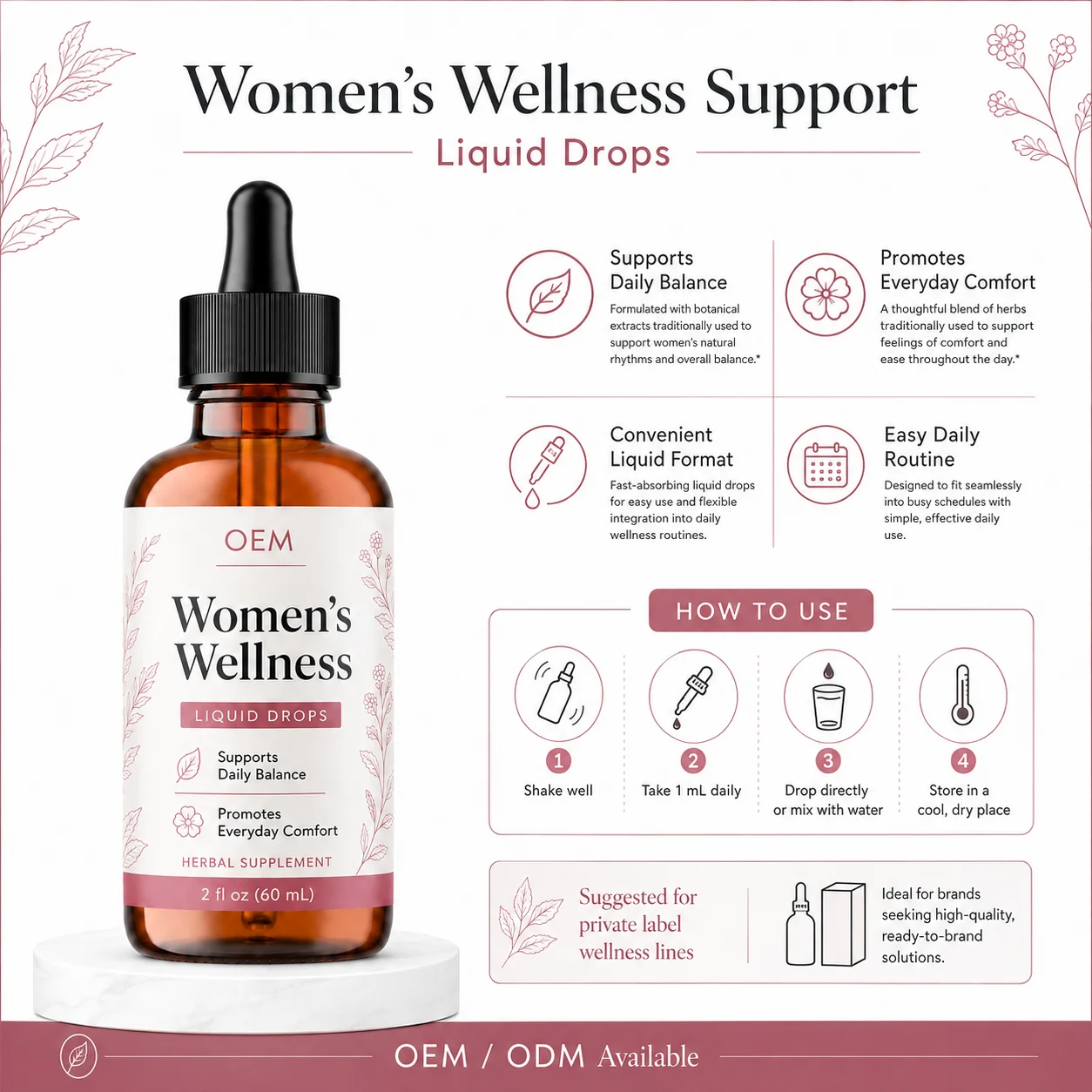 Womens Botanical Liquid Drops with Dong Quai Black Cohosh Red Clover and Maca for Custom Supplement Collection Product Lines