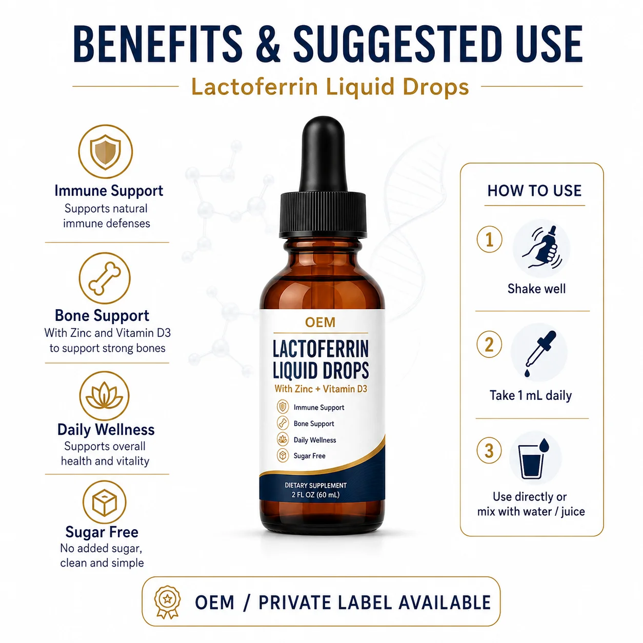 Sugar Free Lactoferrin Liquid Drops Functional Nutrition Supplement for Modern Wellness and Nutraceutical Brand Portfolios OEM