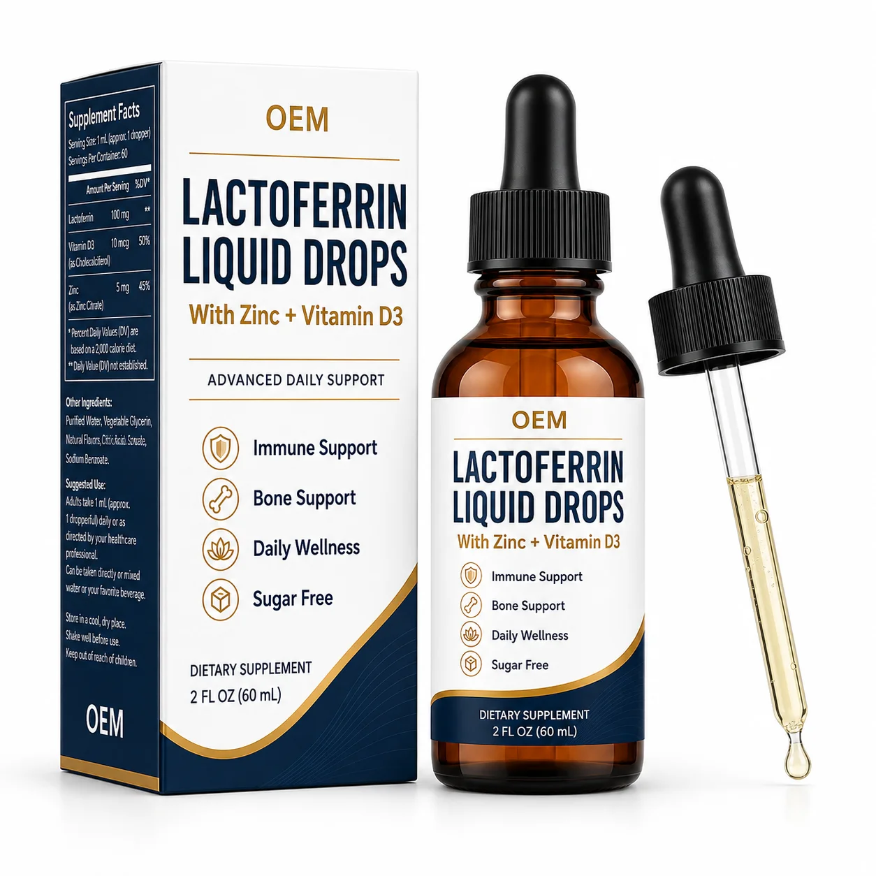 Lactoferrin Zinc Vitamin D3 Liquid Drops Nutraceutical Formula for Wellness Collections and Custom Supplement OEM ODM