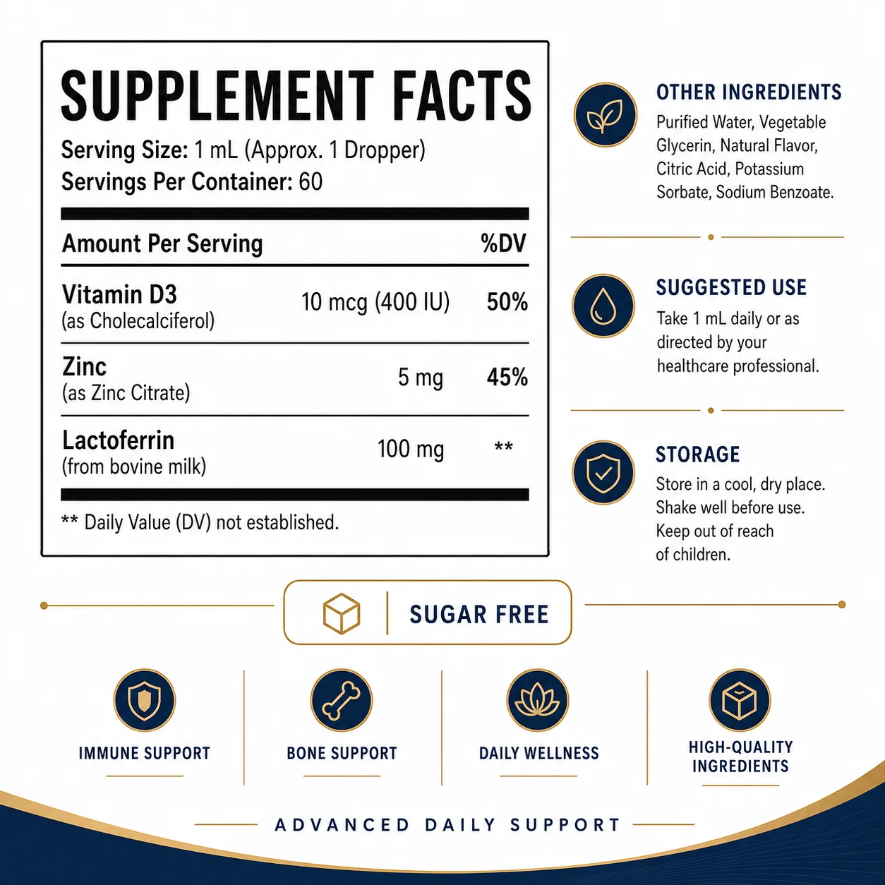 Lactoferrin Zinc Vitamin D3 Liquid Drops Nutraceutical Formula for Wellness Collections and Custom Supplement OEM ODM