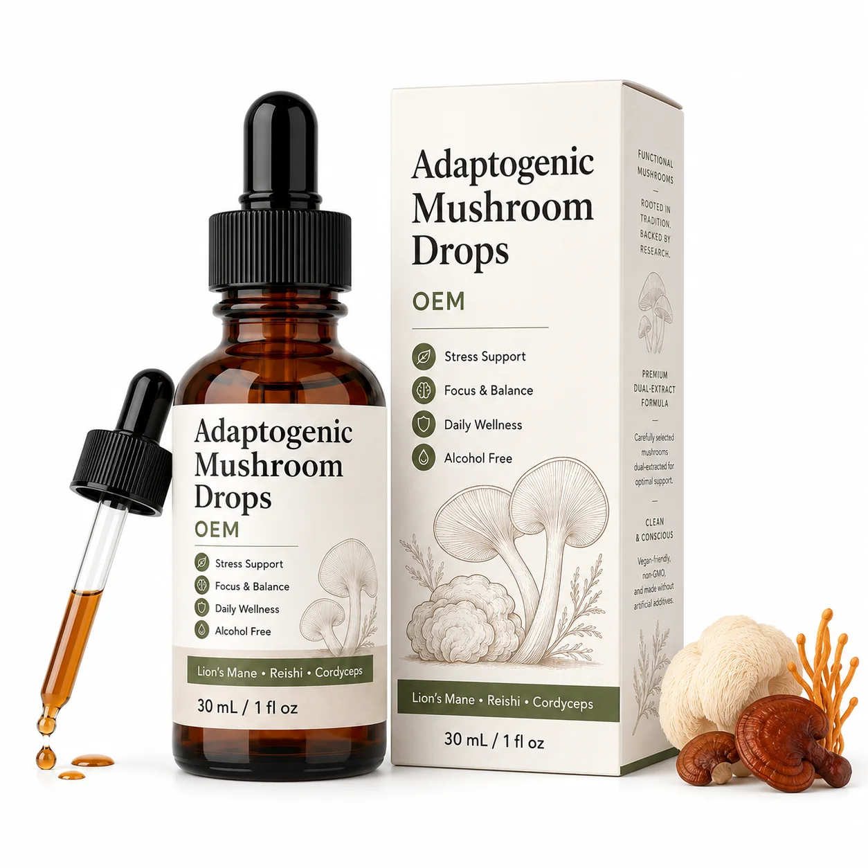 Advanced Synergistic Mushroom Complex Liquid Drops with Lions Mane and Reishi for Daily Wellness Maintenance Wholesale OEM ODM