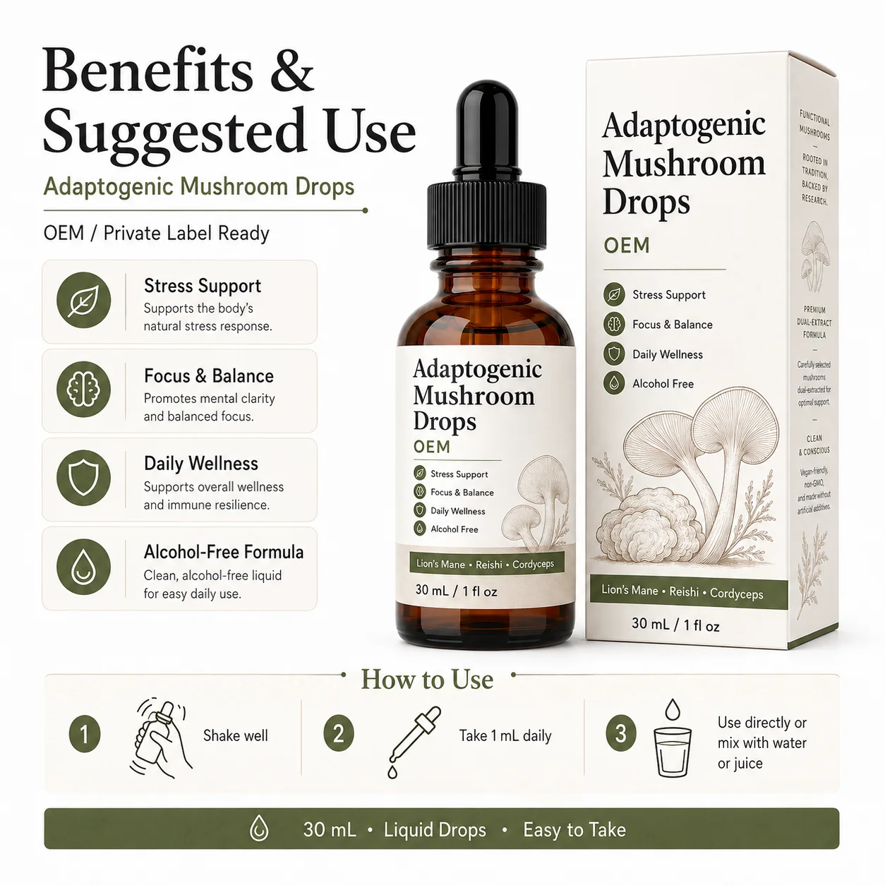 Advanced Synergistic Mushroom Complex Liquid Drops with Lions Mane and Reishi for Daily Wellness Maintenance Wholesale OEM ODM