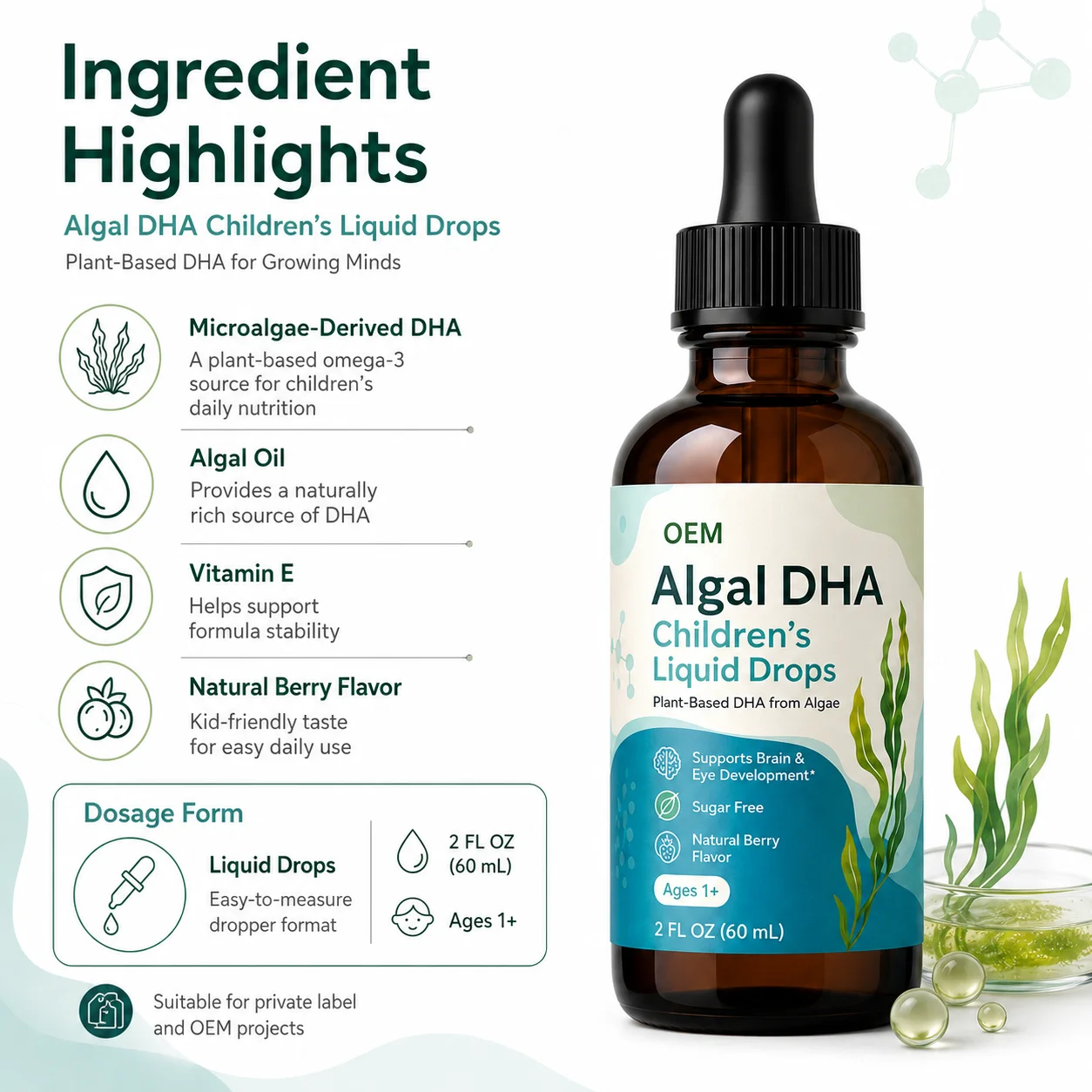 OEM Daily Brain Development Support Algal DHA Children's Liquid Drops for Growing Minds and Eye Function Maintenance Wellness