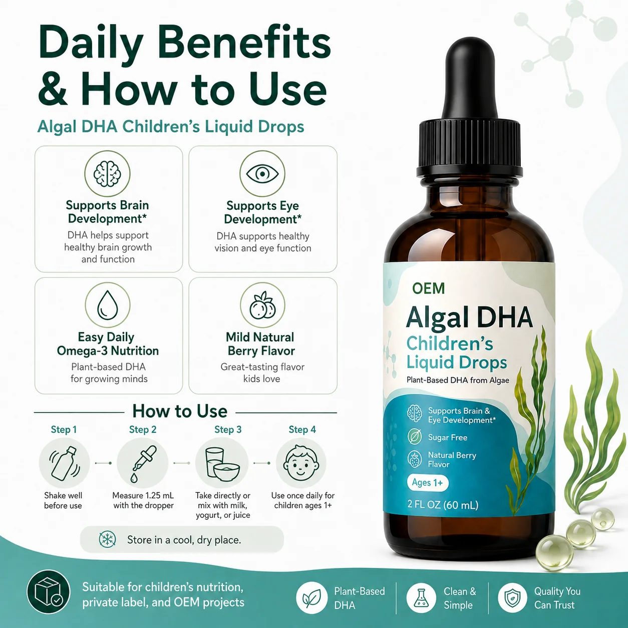 OEM Daily Brain Development Support Algal DHA Children's Liquid Drops for Growing Minds and Eye Function Maintenance Wellness