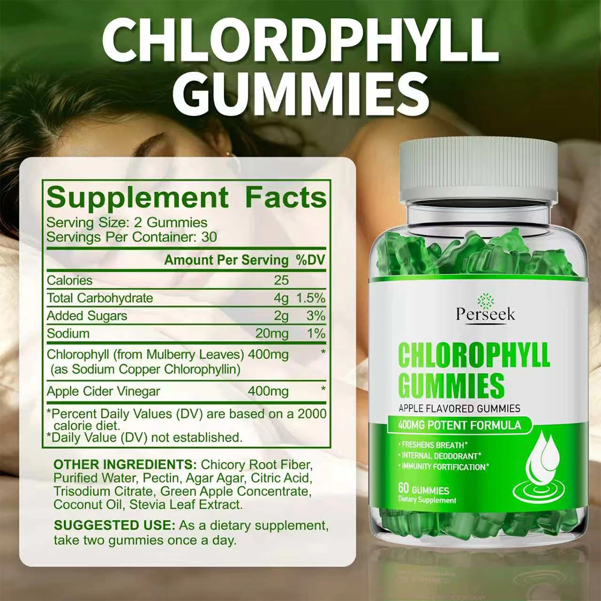 Persek CHLOROPHYLL GUMMIES High Potent Formula Apple Flavor 60 Gummies