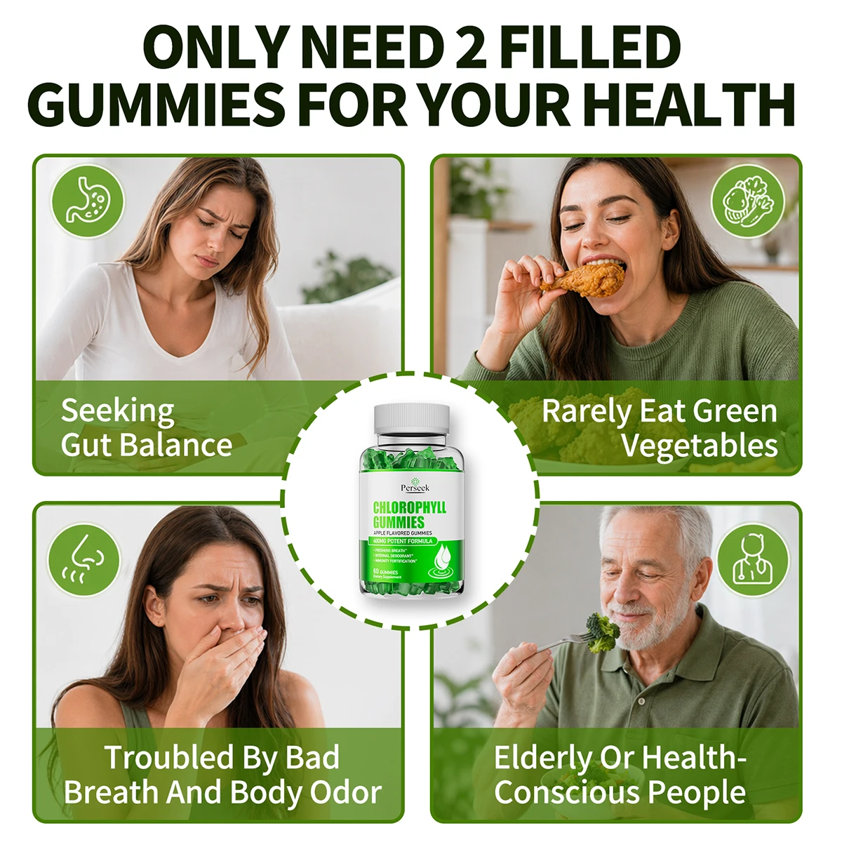Persek CHLOROPHYLL GUMMIES High Potent Formula Apple Flavor 60 Gummies