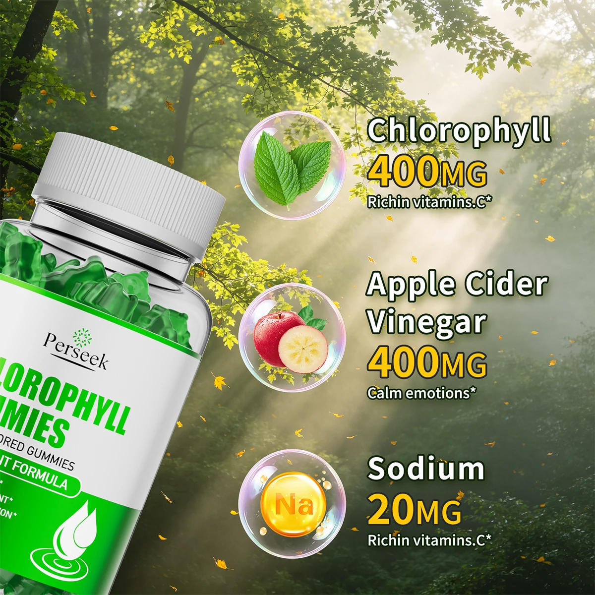 Persek CHLOROPHYLL GUMMIES High Potent Formula Apple Flavor 60 Gummies