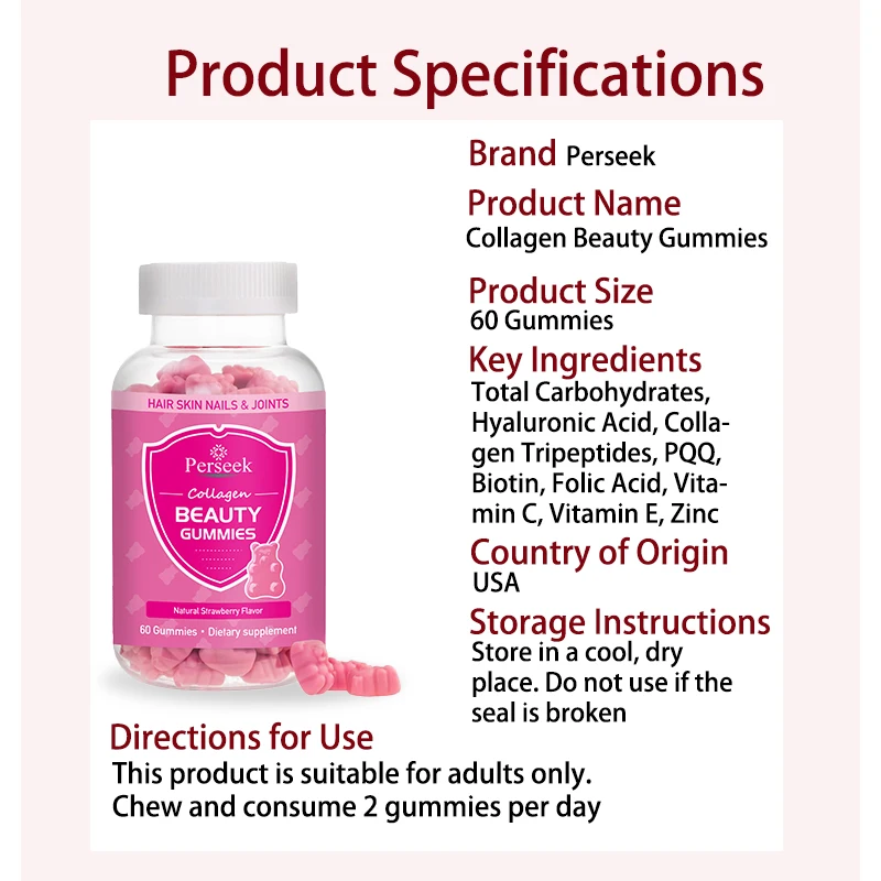 Perseek Beauty Vegan Collagen Gummy Candy for Hair Skin Nails Whitening Adult Supplement Certified