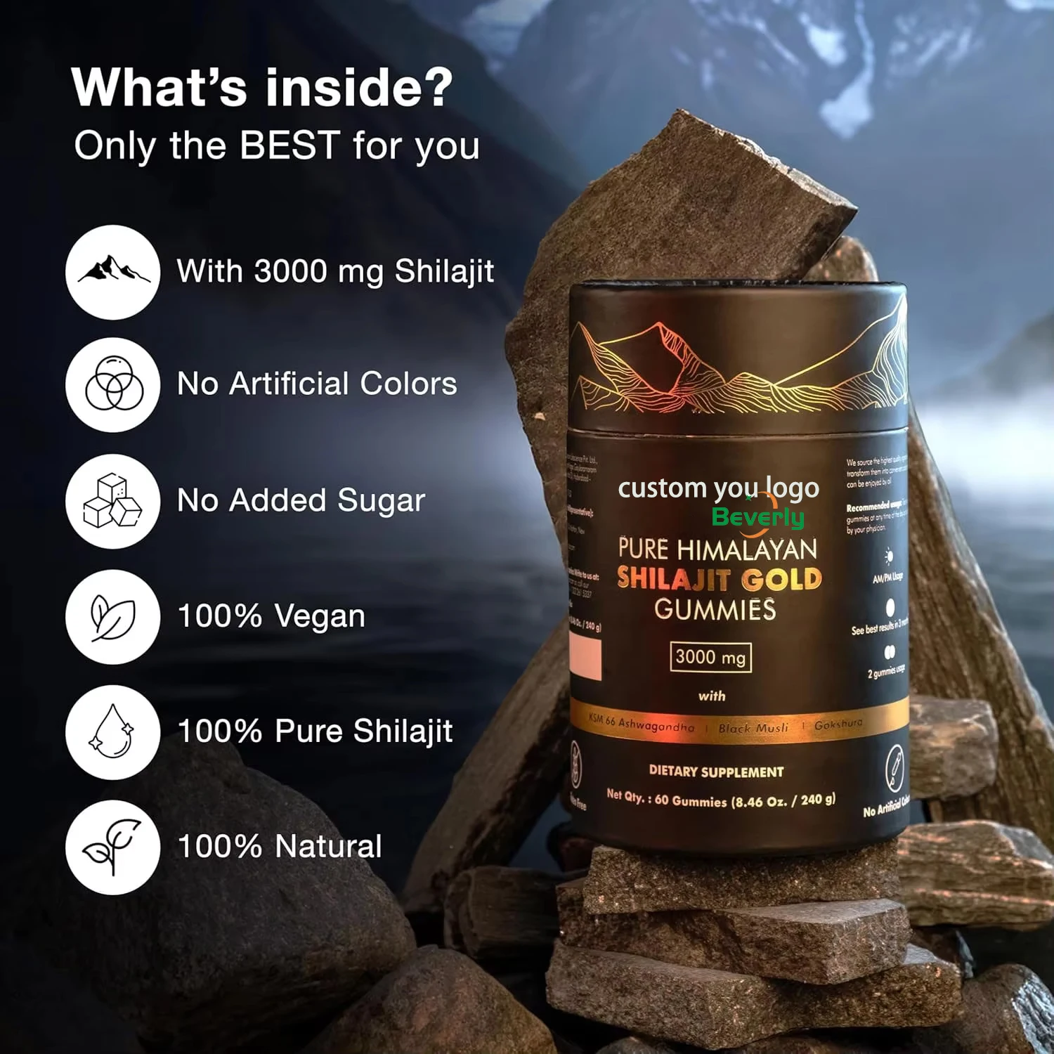Non-GMO Himalayan Shilajit Gold Gummies Natural Energy Booster Immune Support Brain Health Muscle Growth Adult 60 Halal
