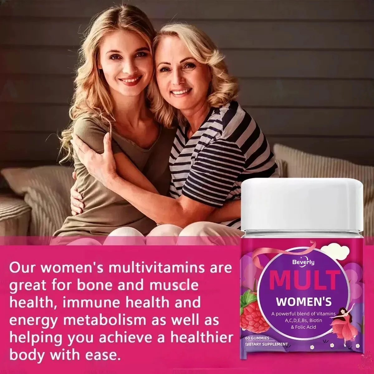 Women's & Teenagers Daily Multivitamin Gummies-Vitamin a C D E Folic Acid Biotin Nutrition Supplement for Improved Immunity