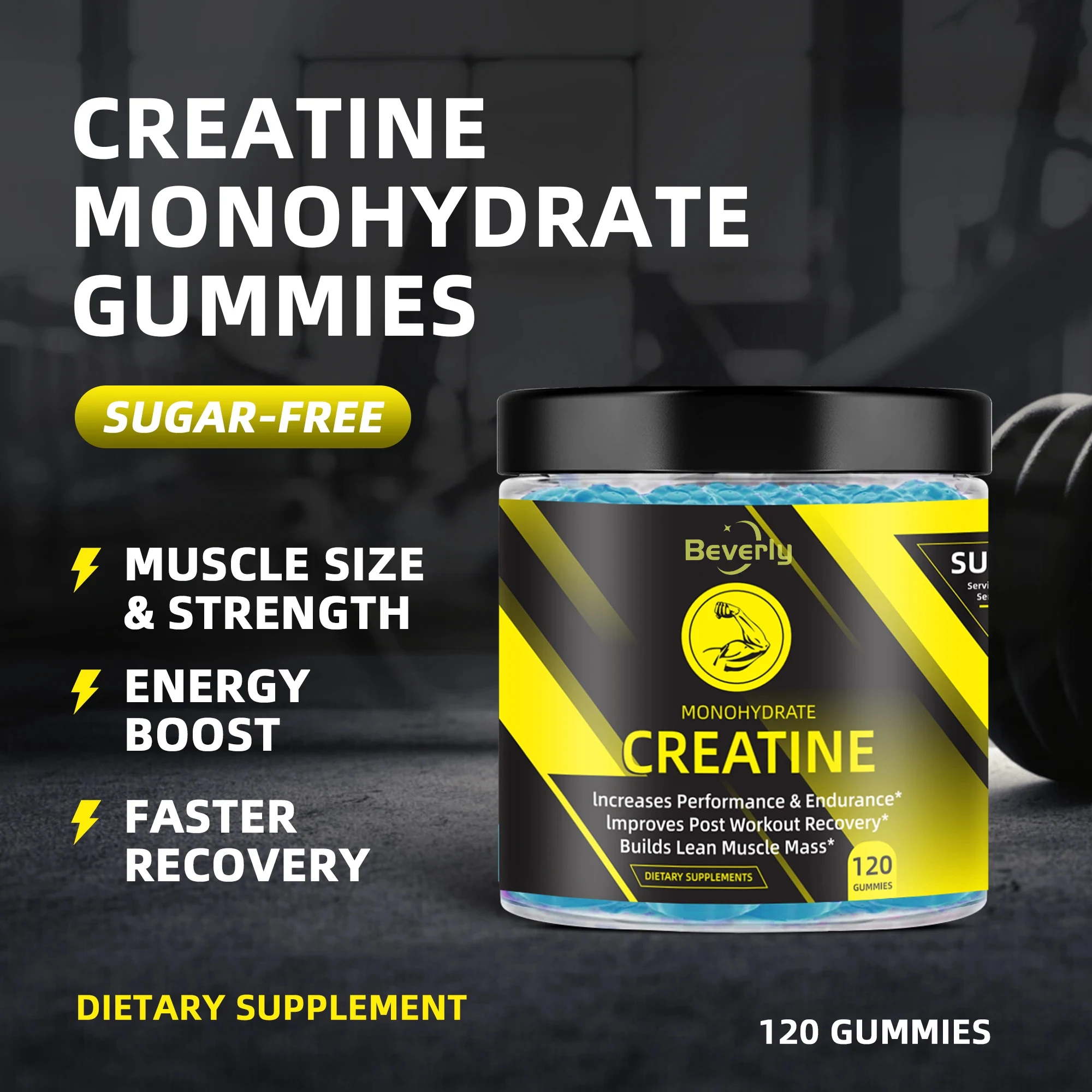 Beverly Creatine Monohydrate Gummy Candy Adult Energy Supplement for Muscle Growth Effective Formula Sugar-Free Vegan ISO