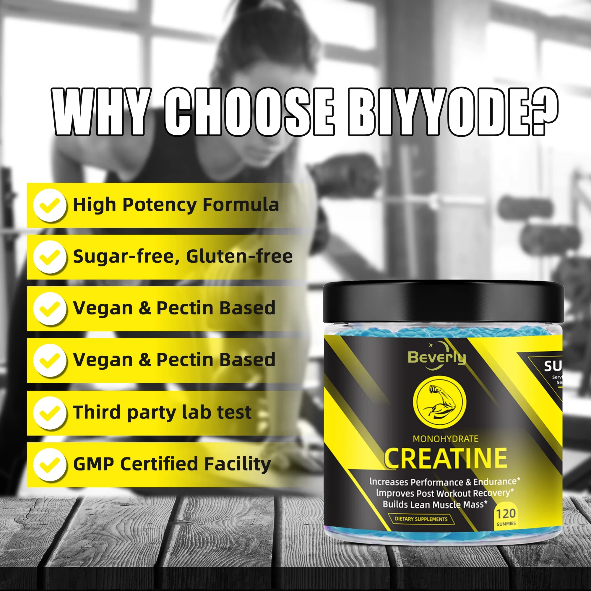 Beverly Creatine Monohydrate Gummy Candy Adult Energy Supplement for Muscle Growth Effective Formula Sugar-Free Vegan ISO