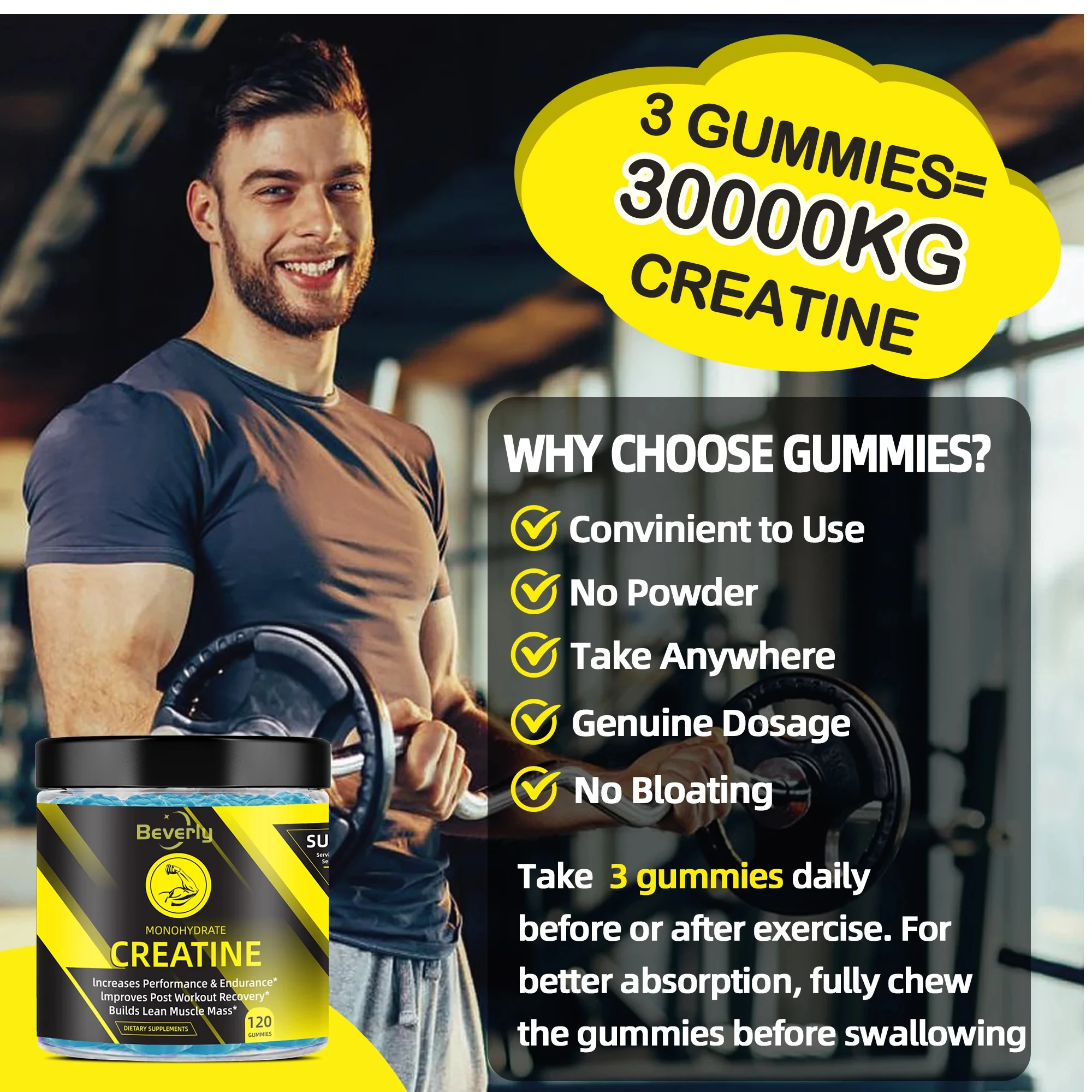 Beverly Creatine Monohydrate Gummy Candy Adult Energy Supplement for Muscle Growth Effective Formula Sugar-Free Vegan ISO